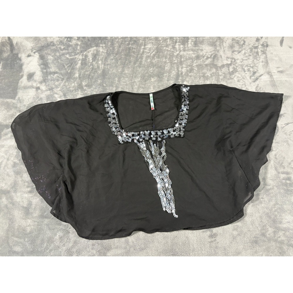 Reckless Hearts Womens Poncho Blouse One Size Black Silver Sequin Fringe Glitter